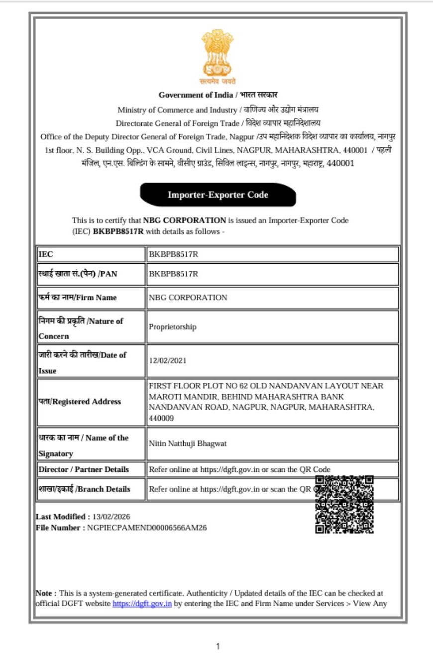 Import Export Code (IEC) - NBG Corporation