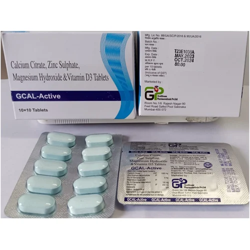 GCAL-Active Calcium Citrate, Zinc Sulphate, Magnesium Hydroxide & Vitamin D3 Tablets - India