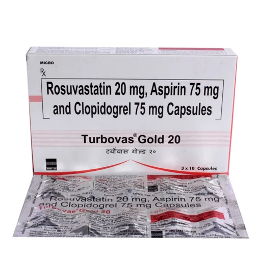 Turbovas Gold 20 Rosuvastatin 20 mg, Aspirin 75 mg and Clopidogrel 75 mg Capsules - Available in India
